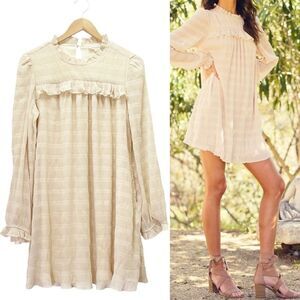 NWT Roolee Chiffon Ruffled Long Sleeve Babydoll Dress Vanilla Cream Size Medium